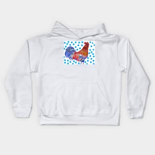 Rooster Watercolor Painting with Blue Polka Dots Kids Hoodie